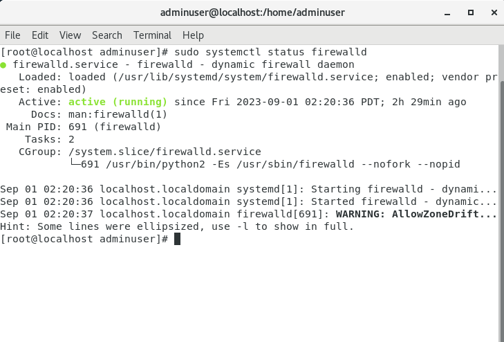 sudo systemctl status firewalld cent os