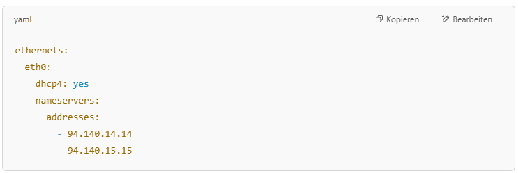 Under the ethernets section, add the DNS like this